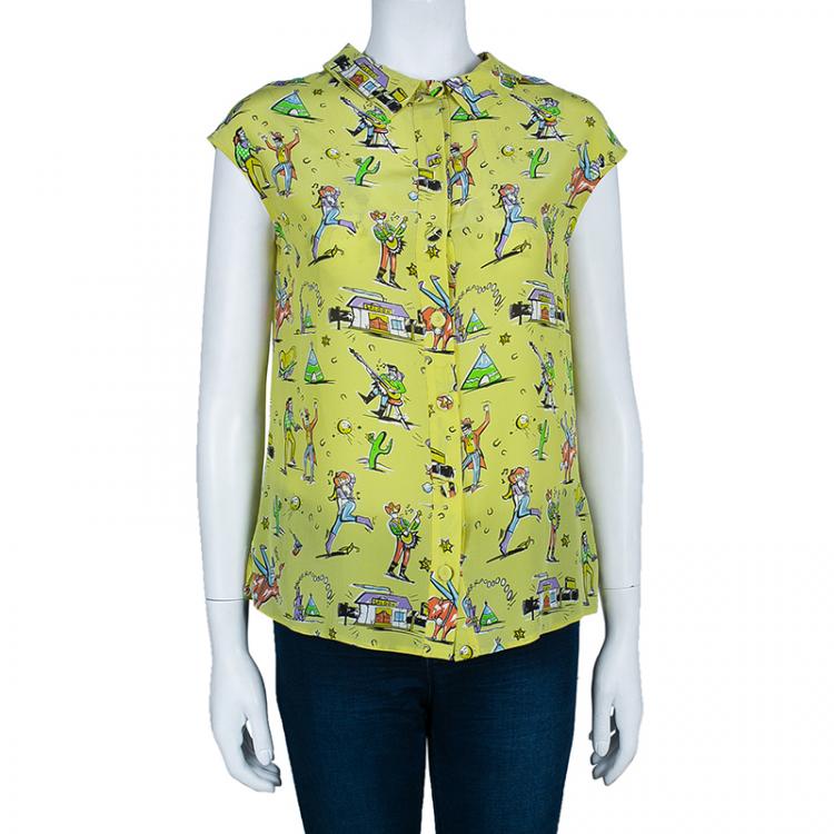 Pre Owned Prada Yellow Multicolor Print Collar Top S