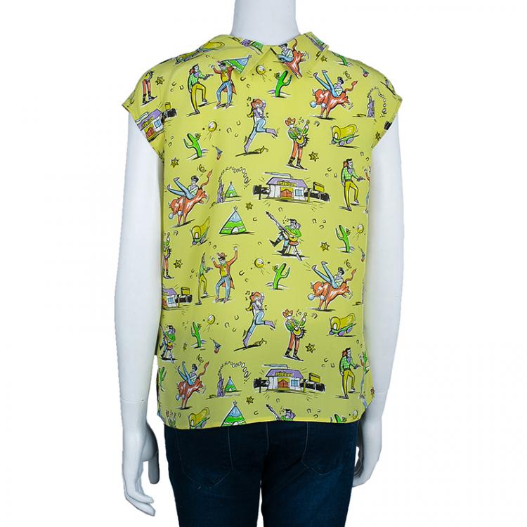 Pre Owned Prada Yellow Multicolor Print Collar Top S
