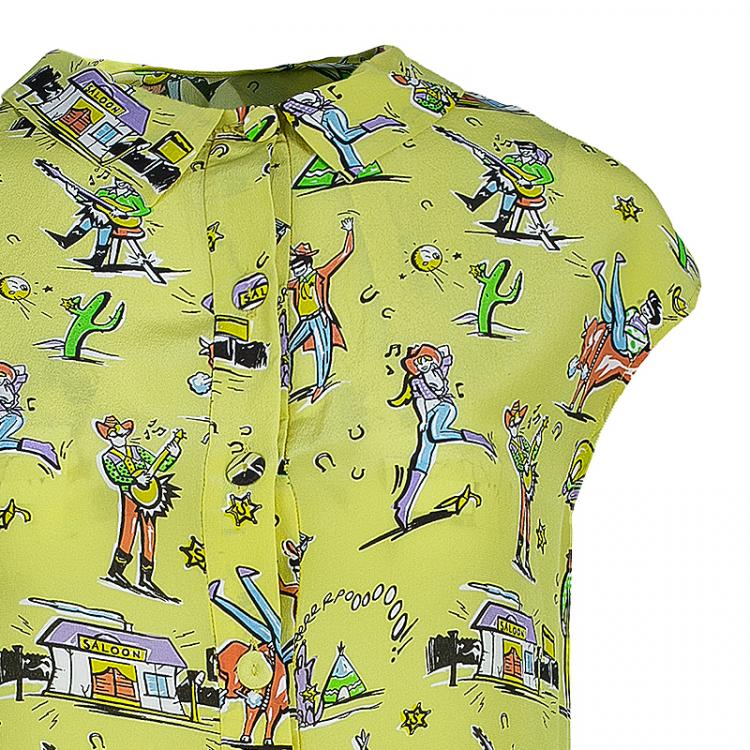 Pre Owned Prada Yellow Multicolor Print Collar Top S