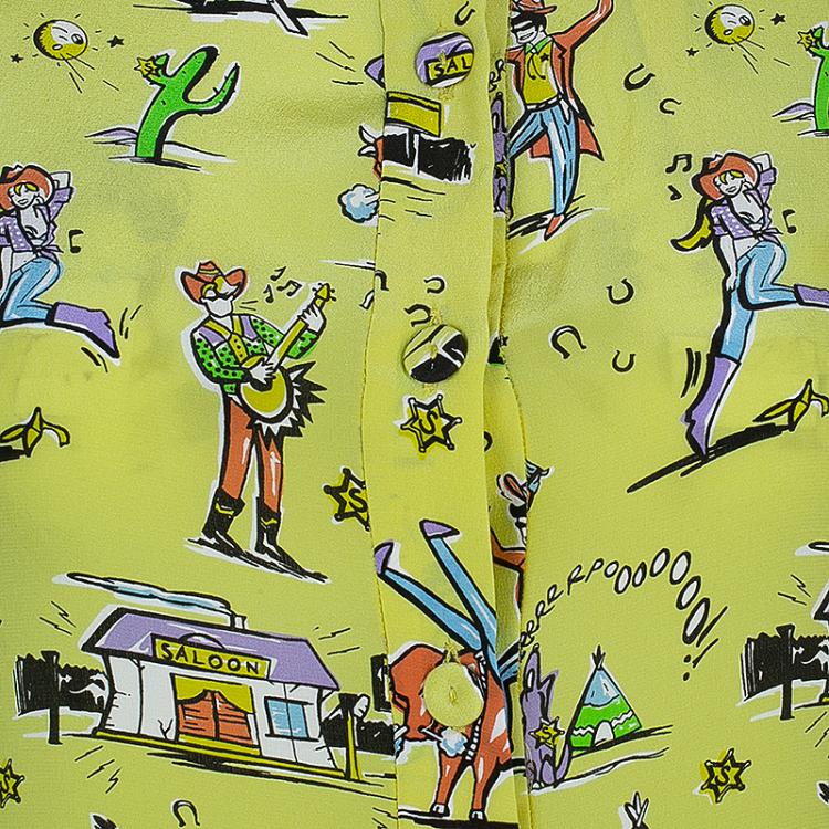 Pre Owned Prada Yellow Multicolor Print Collar Top S