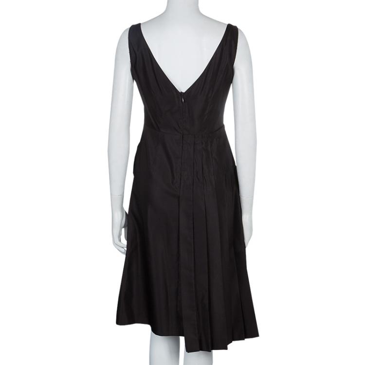 Pre Owned Prada Dark Brown Silk Pleated Sleeveless Dress M