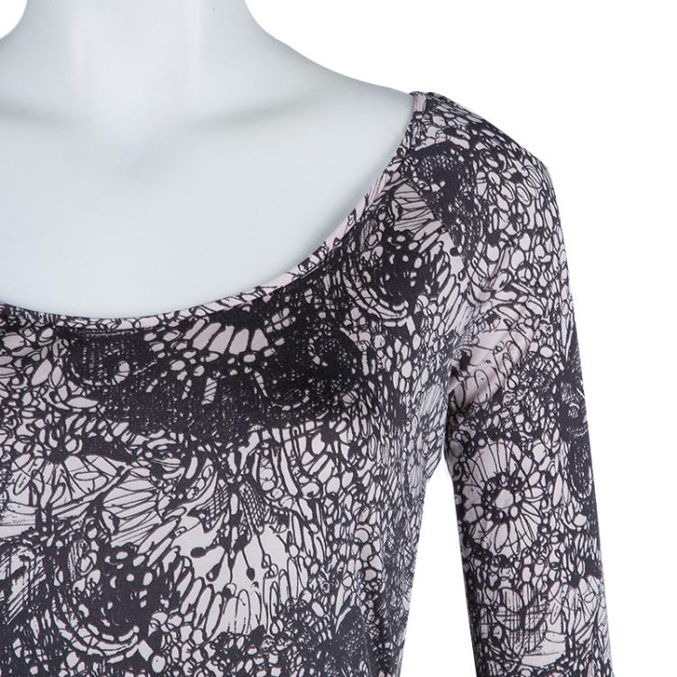 Pre Owned Prada Black and Pink Floral Print Jersey Long Sleeve Dress S