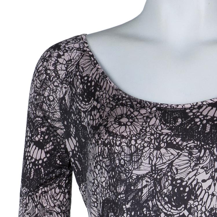Pre Owned Prada Black and Pink Floral Print Jersey Long Sleeve Dress S