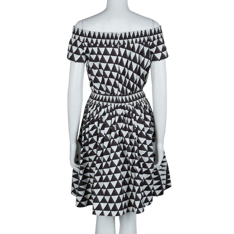 Pre Owned Prada Brown and White Geometric Print Off Shoulder Cotton Dress L