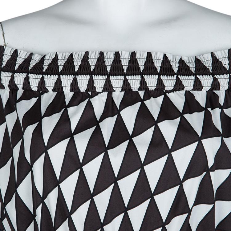 Pre Owned Prada Brown and White Geometric Print Off Shoulder Cotton Dress L