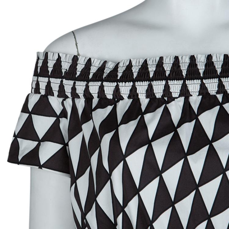 Pre Owned Prada Brown and White Geometric Print Off Shoulder Cotton Dress L