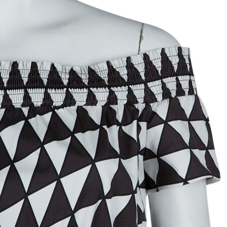 Pre Owned Prada Brown and White Geometric Print Off Shoulder Cotton Dress L