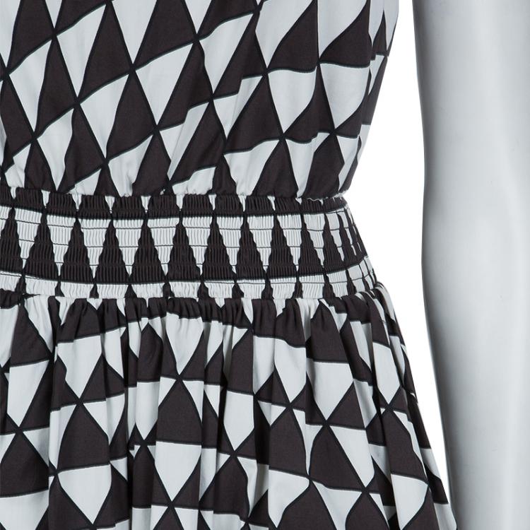 Pre Owned Prada Brown and White Geometric Print Off Shoulder Cotton Dress L