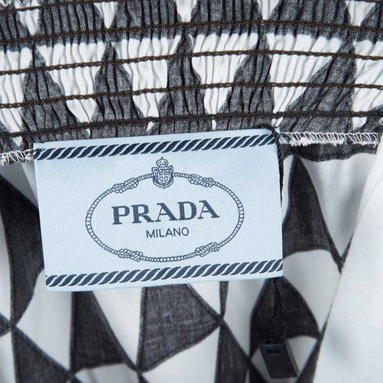 Pre Owned Prada Brown and White Geometric Print Off Shoulder Cotton Dress L
