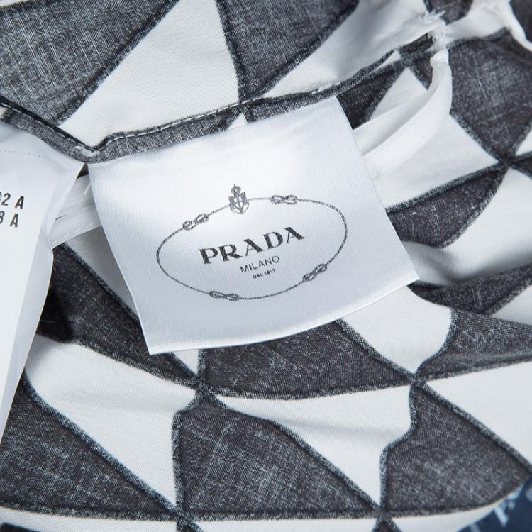 Pre Owned Prada Brown and White Geometric Print Off Shoulder Cotton Dress L