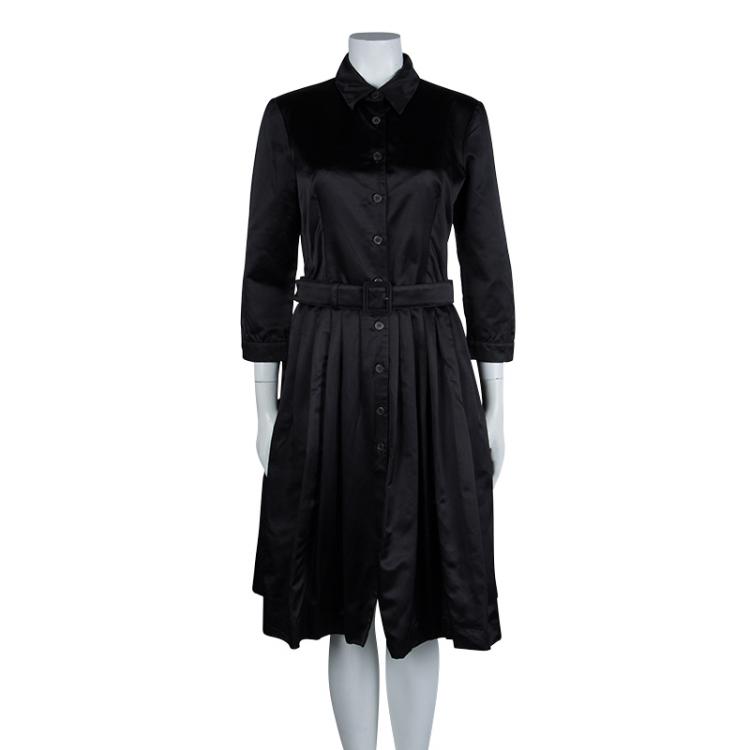 Pre Owned Prada Black Silk Pleated Button Down Belted Dress M