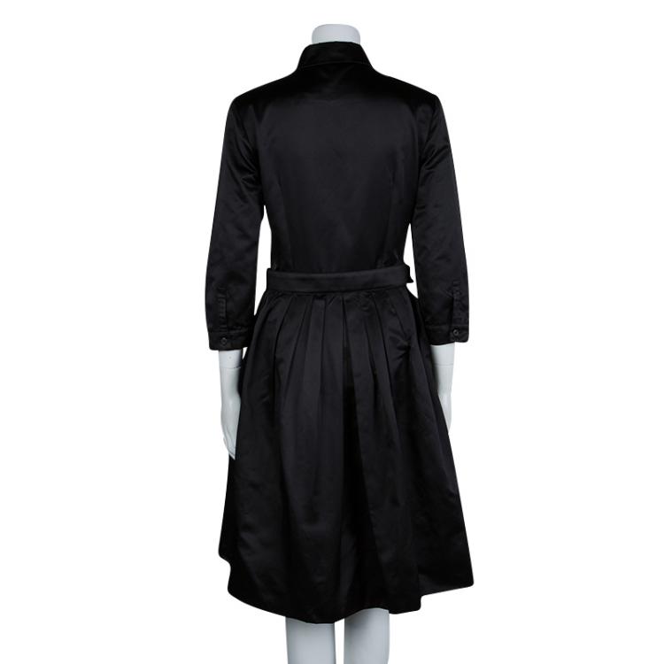 Pre Owned Prada Black Silk Pleated Button Down Belted Dress M