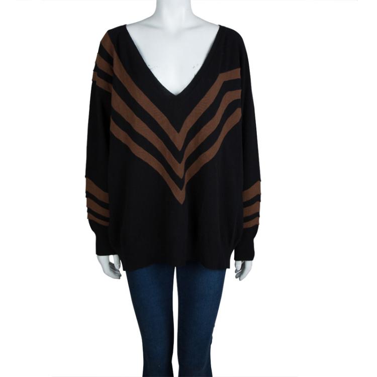 Pre Owned Prada Black Wool Striped V-Neck Oversized Sweater S