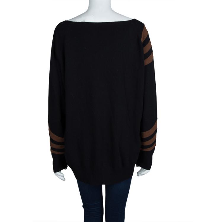 Pre Owned Prada Black Wool Striped V-Neck Oversized Sweater S