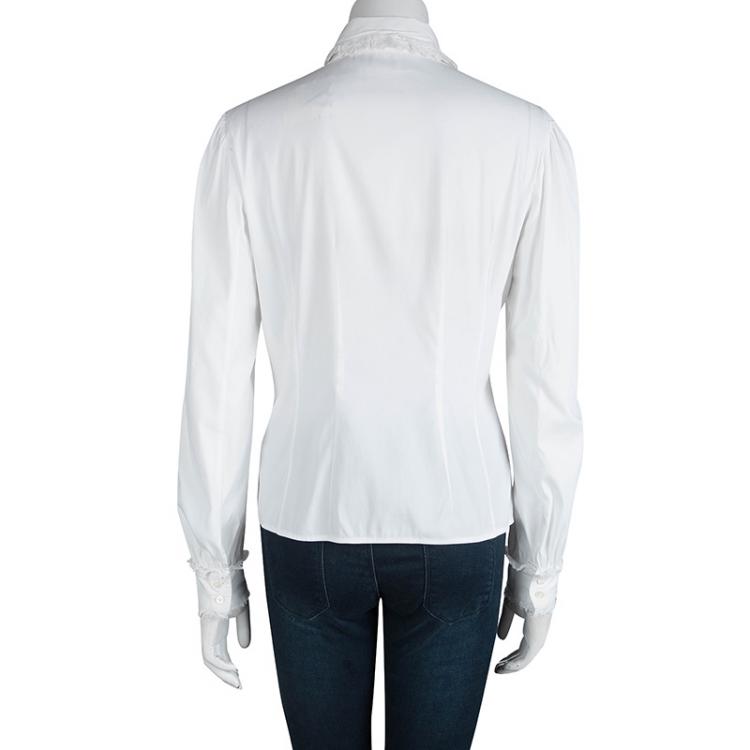 Pre Owned Prada White Lace Ruffle Detail Long Sleeve Button Front Shirt M