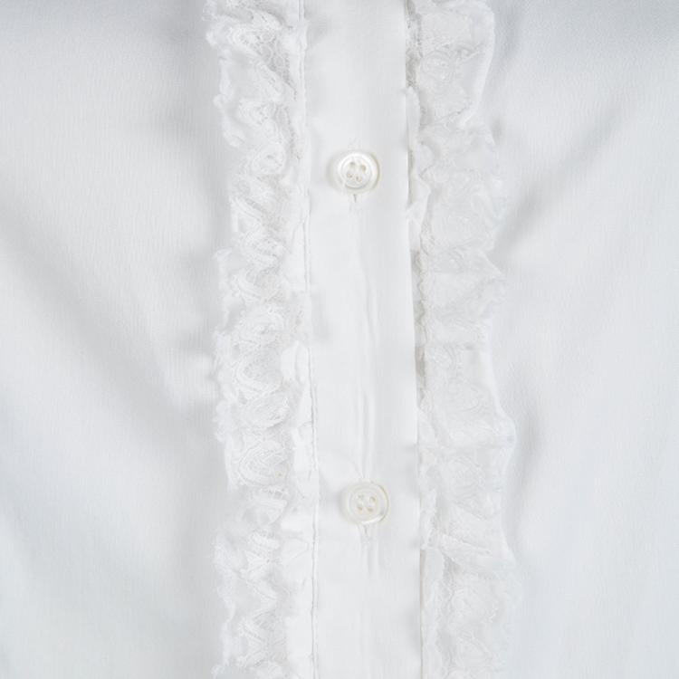 Pre Owned Prada White Lace Ruffle Detail Long Sleeve Button Front Shirt M