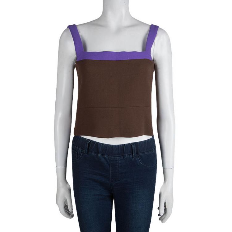 Pre Owned Prada Brown Textured Wool Contrast Strap Detail Cropped Top M