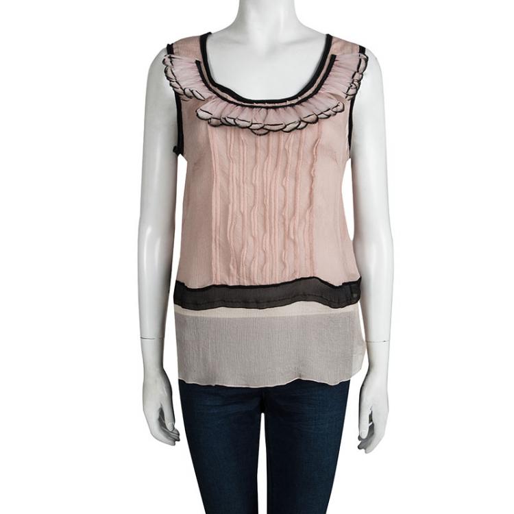 Pre Owned Prada Pink Crinkled Silk Feather Embellished Sleeveless Top L