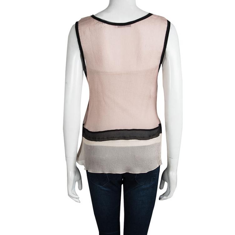 Pre Owned Prada Pink Crinkled Silk Feather Embellished Sleeveless Top L