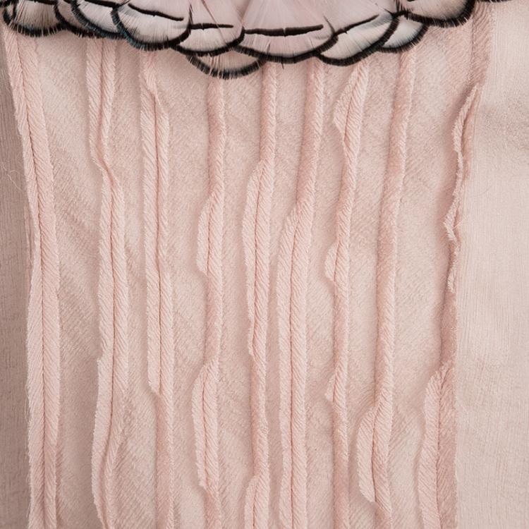 Pre Owned Prada Pink Crinkled Silk Feather Embellished Sleeveless Top L