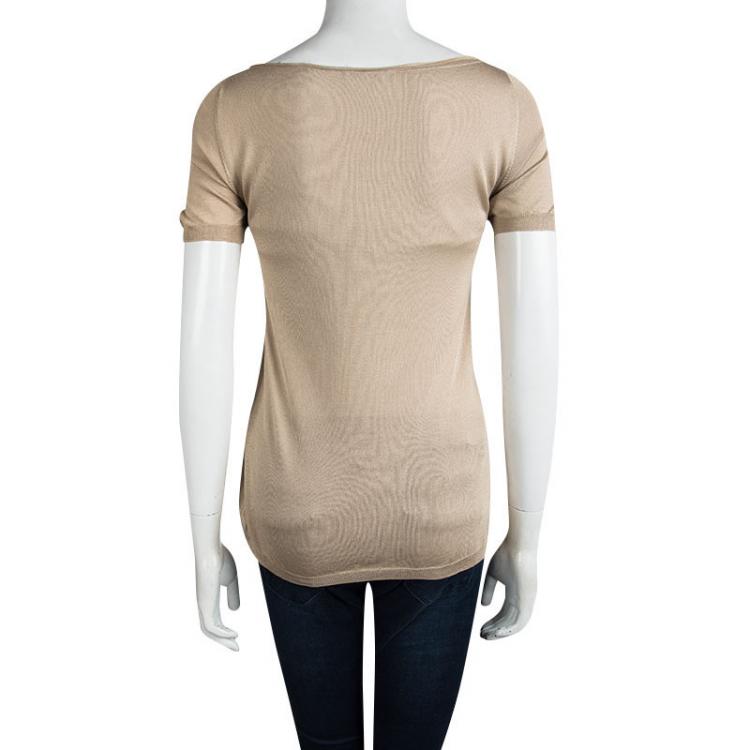 Pre Owned Prada Beige Silk Knit Pleated Front Bow Detail Top M