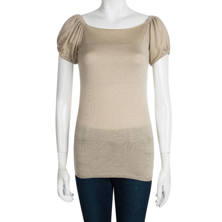 Pre Owned Prada Beige Knit Gathered Short Sleeve Top M