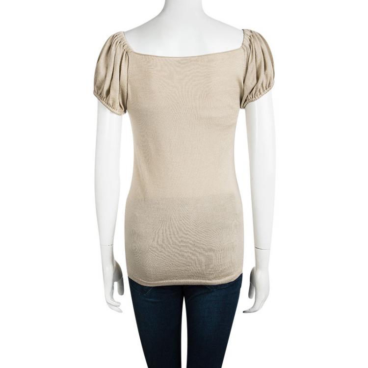 Pre Owned Prada Beige Knit Gathered Short Sleeve Top M