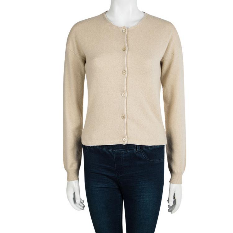 Pre Owned Prada Beige Contrast Piping Detail Long Sleeve Button Front Cardigan S