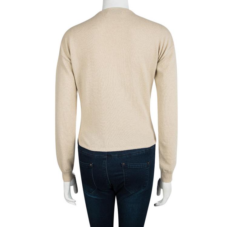 Pre Owned Prada Beige Contrast Piping Detail Long Sleeve Button Front Cardigan S