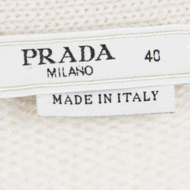 Pre Owned Prada Cream Knit Contrast Elbow Patch Detail Button Front Cardigan S