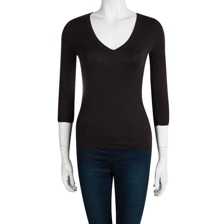 Pre Owned Prada Brown Knit V Neck Long Sleeve Sweater M