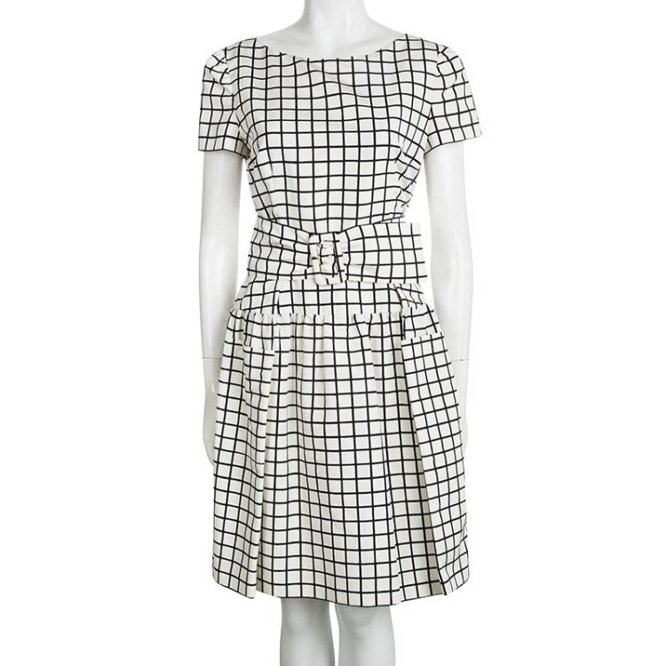 Pre Owned Prada Monochrome Checked Silk Belted Dress M
