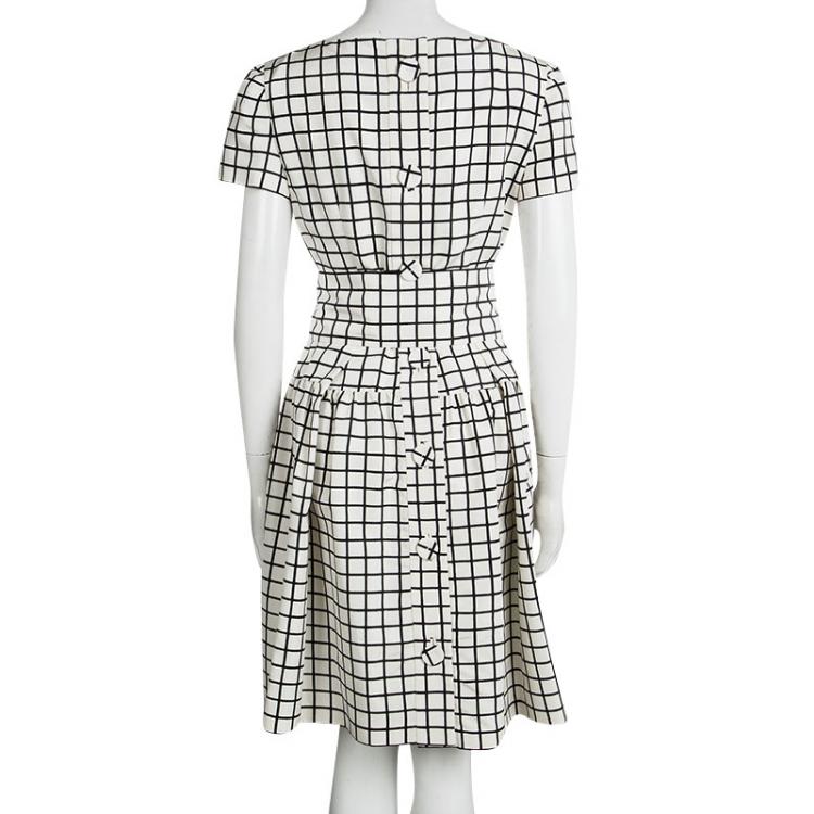 Pre Owned Prada Monochrome Checked Silk Belted Dress M