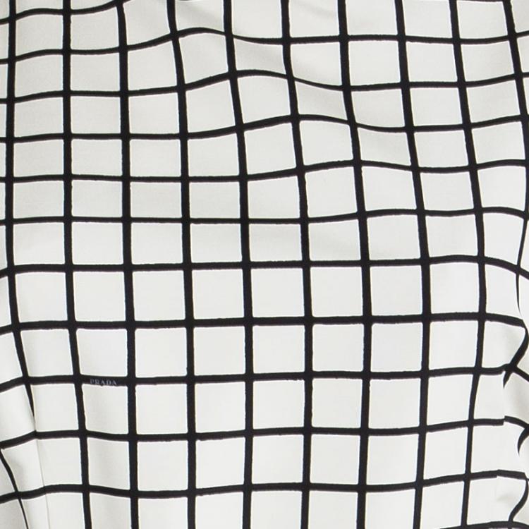 Pre Owned Prada Monochrome Checked Silk Belted Dress M
