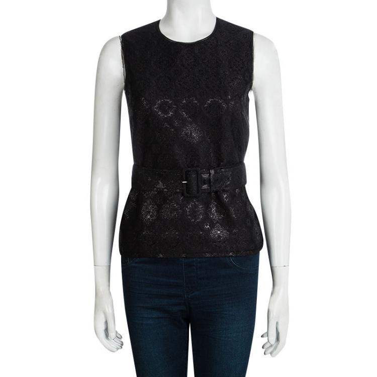 Pre Owned Prada Black Floral Lurex Jacquard Knit Belted Sleeveless Top S