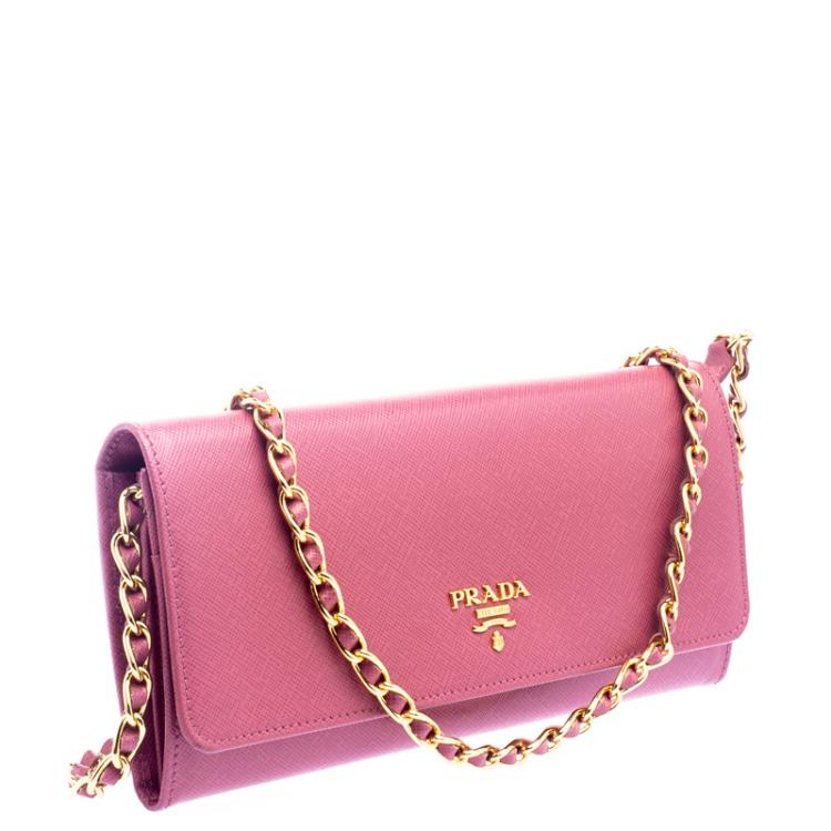 Pre Owned Prada Pink Saffiano Metal Leather Wallet on Chain