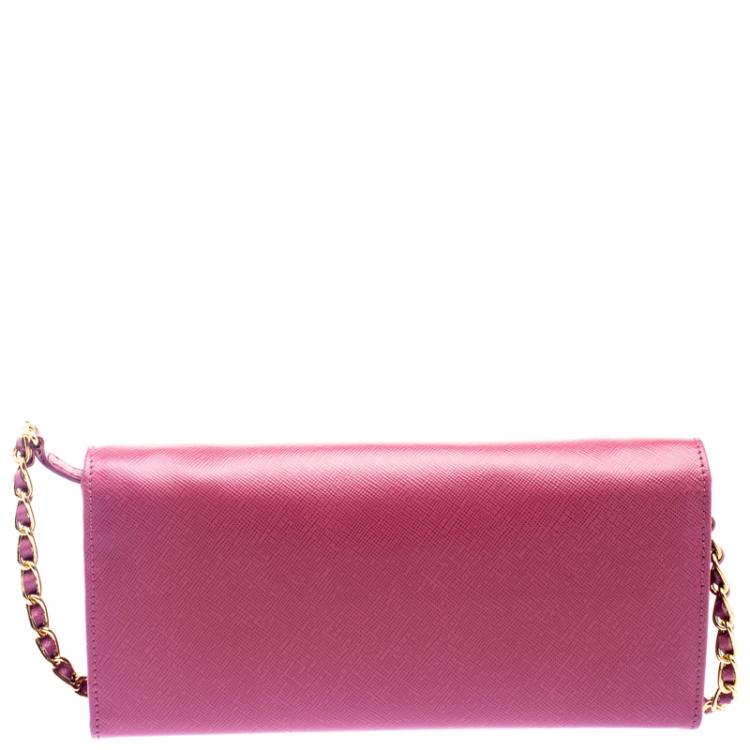 Pre Owned Prada Pink Saffiano Metal Leather Wallet on Chain