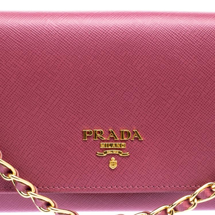 Pre Owned Prada Pink Saffiano Metal Leather Wallet on Chain