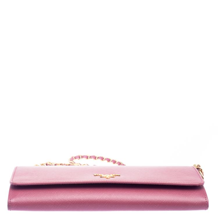 Pre Owned Prada Pink Saffiano Metal Leather Wallet on Chain