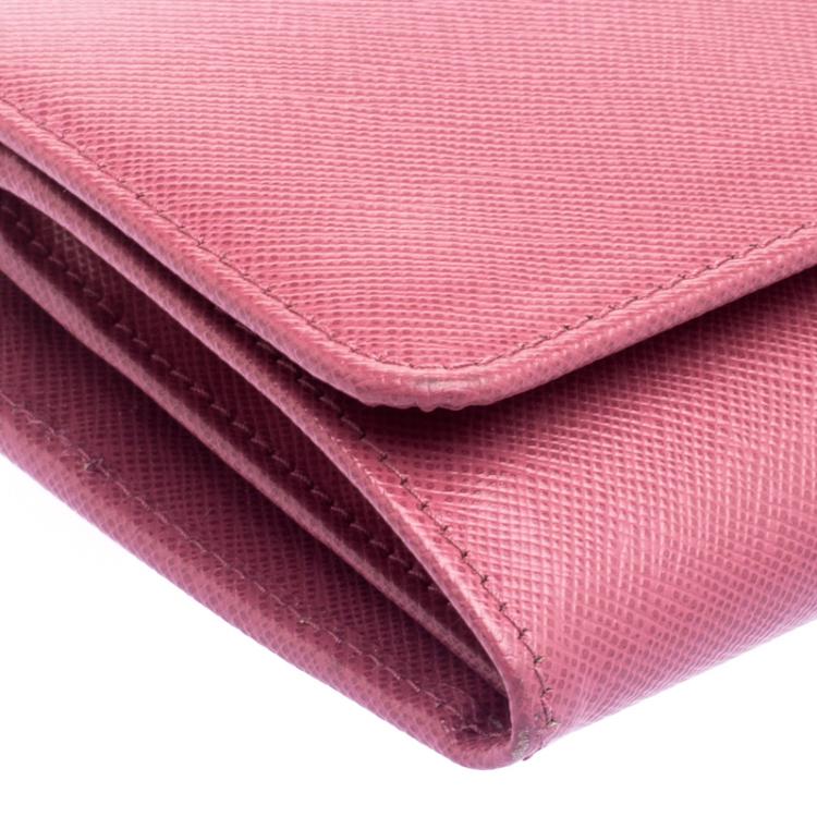 Pre Owned Prada Pink Saffiano Metal Leather Wallet on Chain
