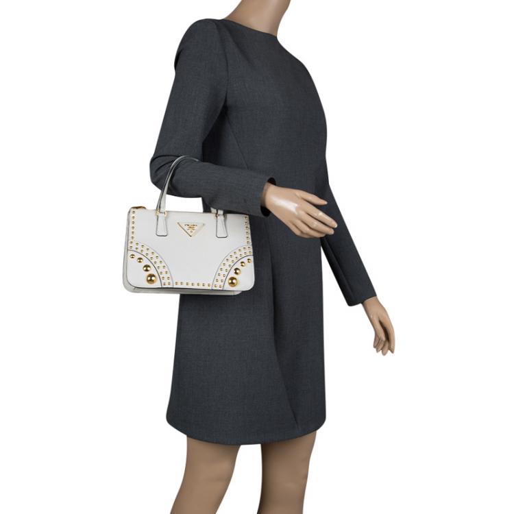 Pre Owned Prada Off White Saffiano Leather Studded Double Zip Tote