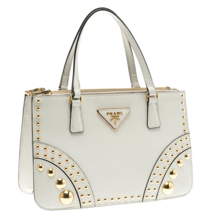 Pre Owned Prada Off White Saffiano Leather Studded Double Zip Tote