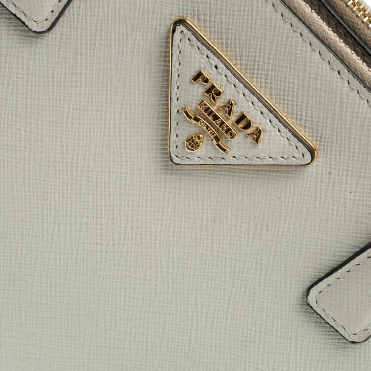 Pre Owned Prada Off White Saffiano Leather Studded Double Zip Tote