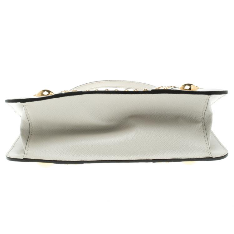 Pre Owned Prada Off White Saffiano Leather Studded Double Zip Tote