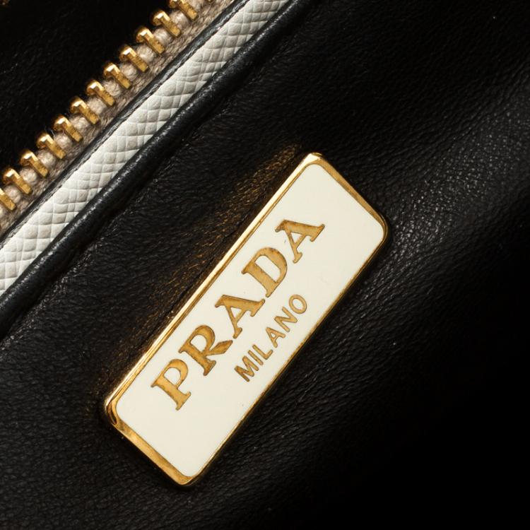 Pre Owned Prada Off White Saffiano Leather Studded Double Zip Tote