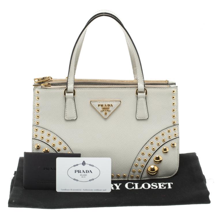 Pre Owned Prada Off White Saffiano Leather Studded Double Zip Tote