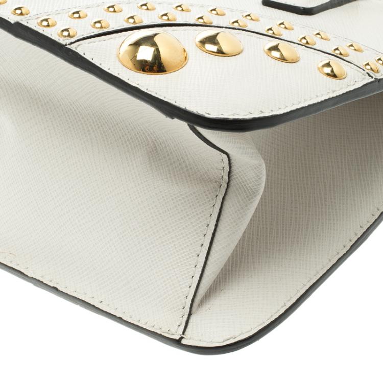 Pre Owned Prada Off White Saffiano Leather Studded Double Zip Tote
