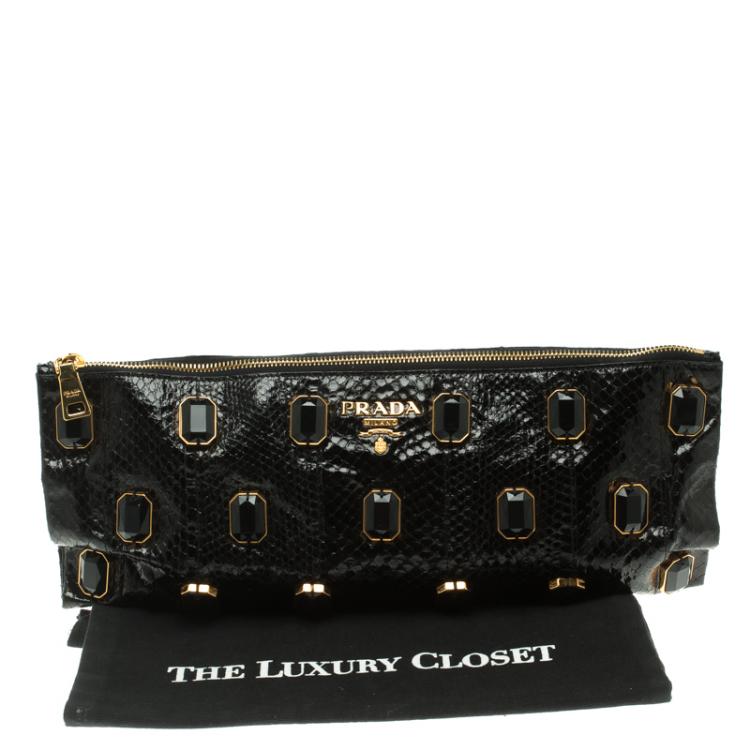 Pre Owned Prada Black Python Whips Pietre Clutch