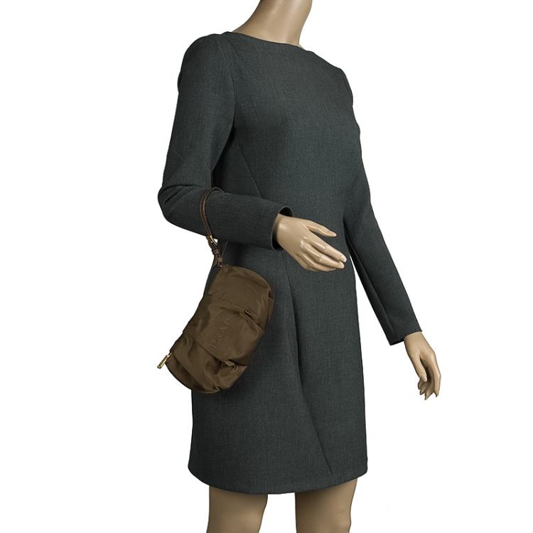 Pre Owned Prada Olive Green Nylon Wristlet Clutch