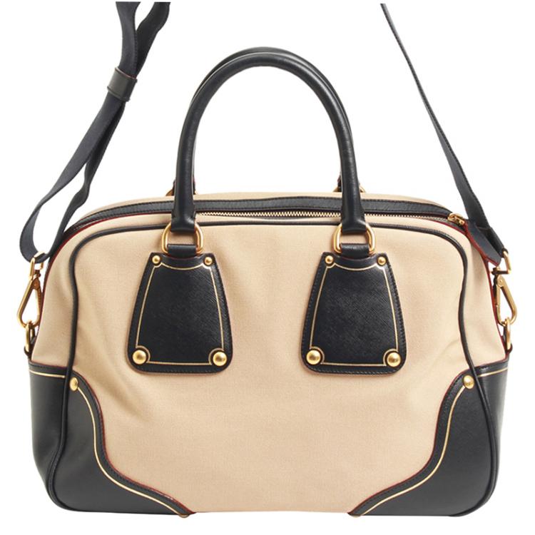Pre Owned Prada Bicolor Canvas and Leather Trim Bowler Bag